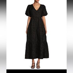 Sugar lips Arielle Jacquard V Neck Short Puff Sleeve Tiered Maxi Dress 2X black